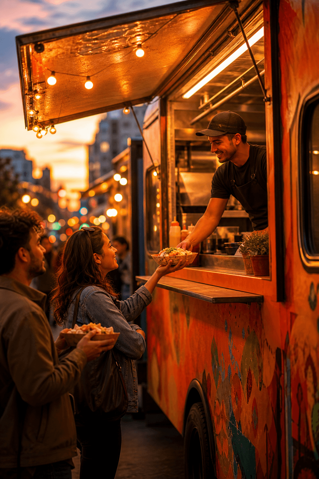 A customer being handed food from a brightly lit food truck at dusk