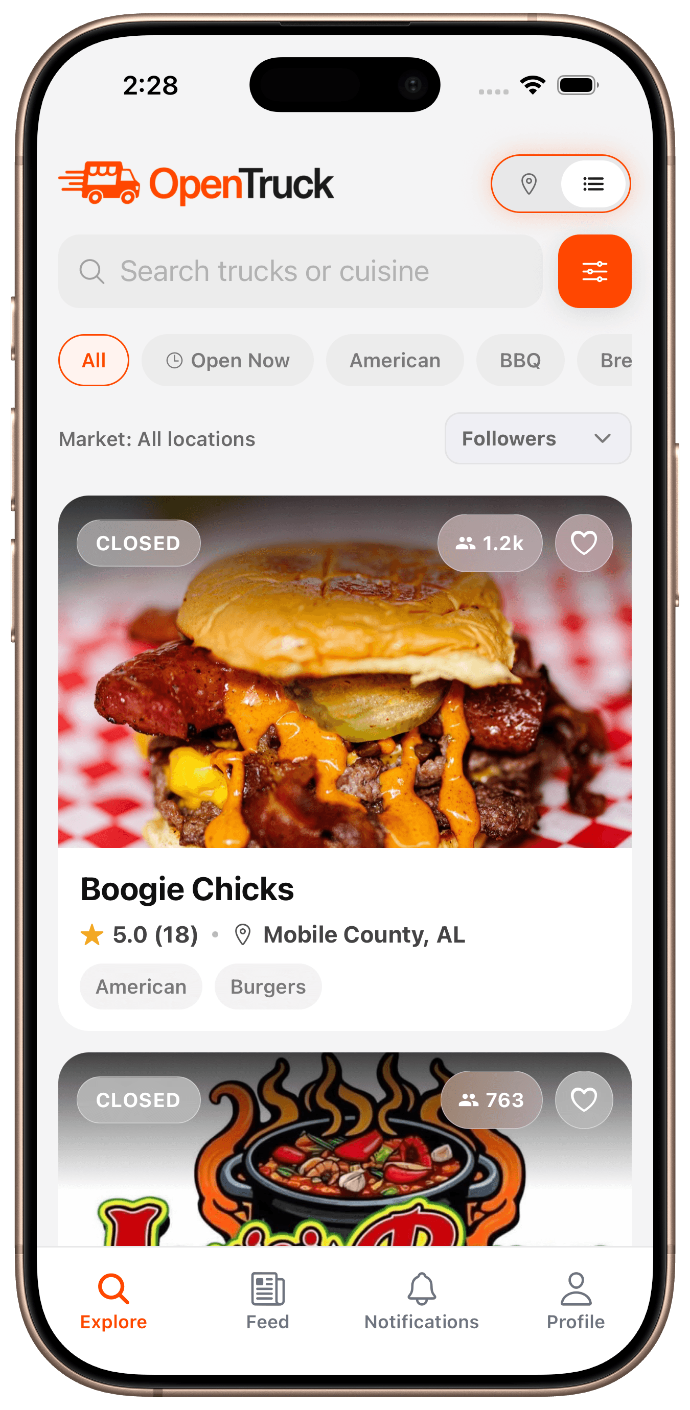 Food truck listings and menus in the OpenTruck app