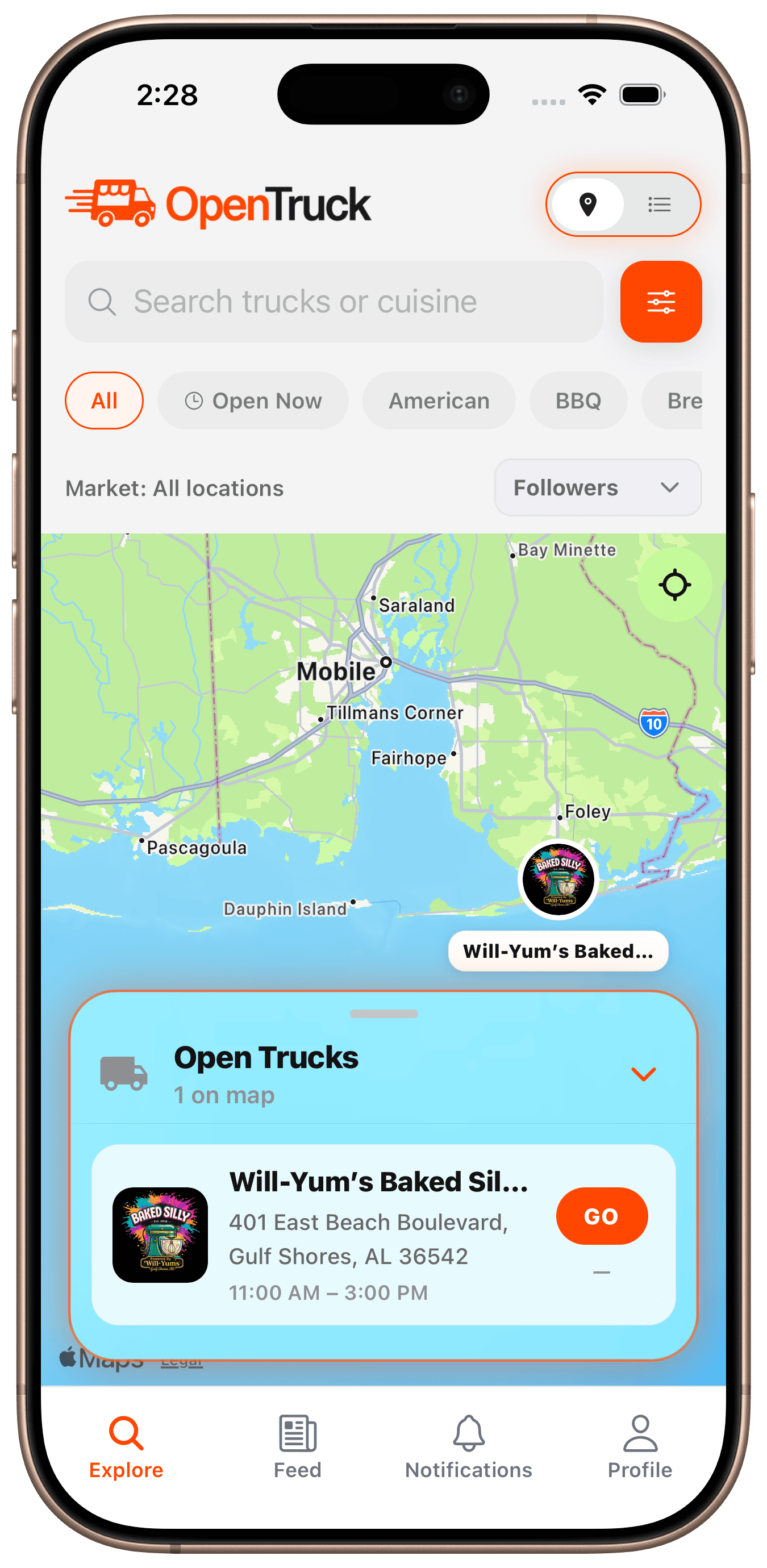 The OpenTruck app showing nearby food trucks on the map, with location and schedule details