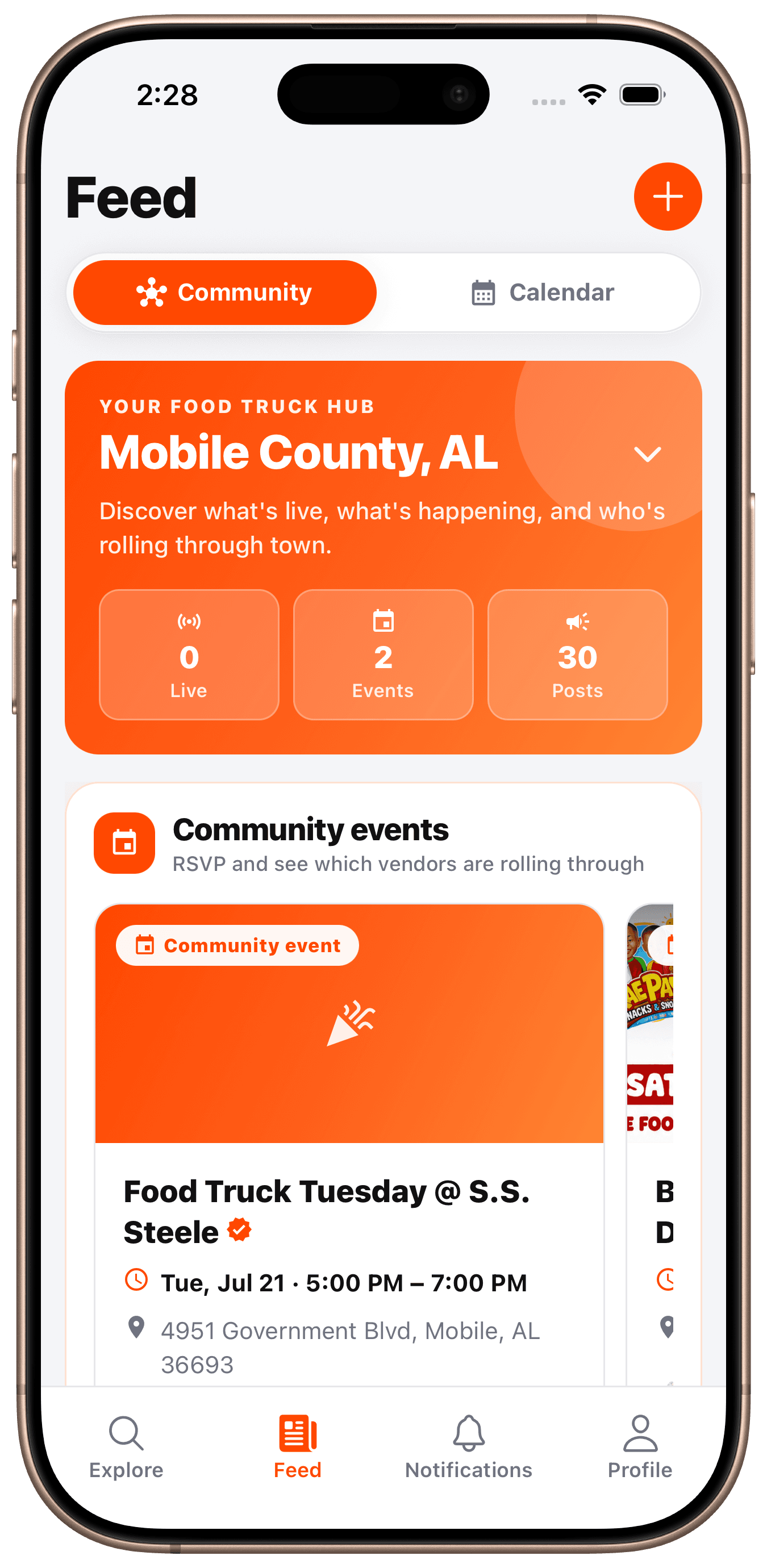 OpenTruck community feed and local food truck events